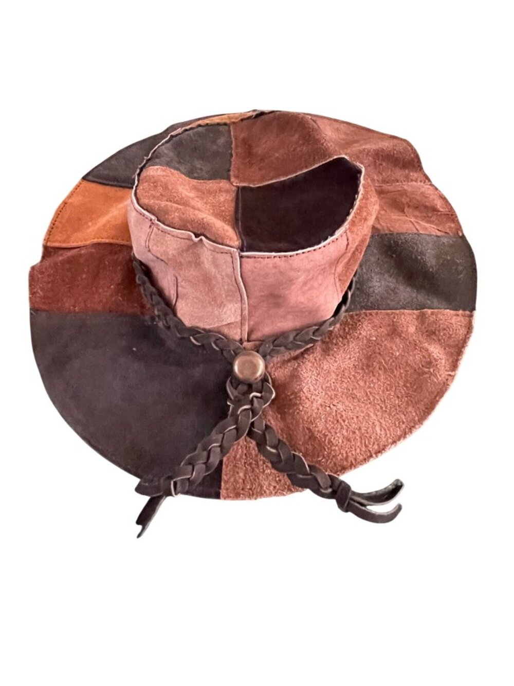 Vintage Patchwork Leather Boho Hat With Braided Band Genuine Leather Medium Made
